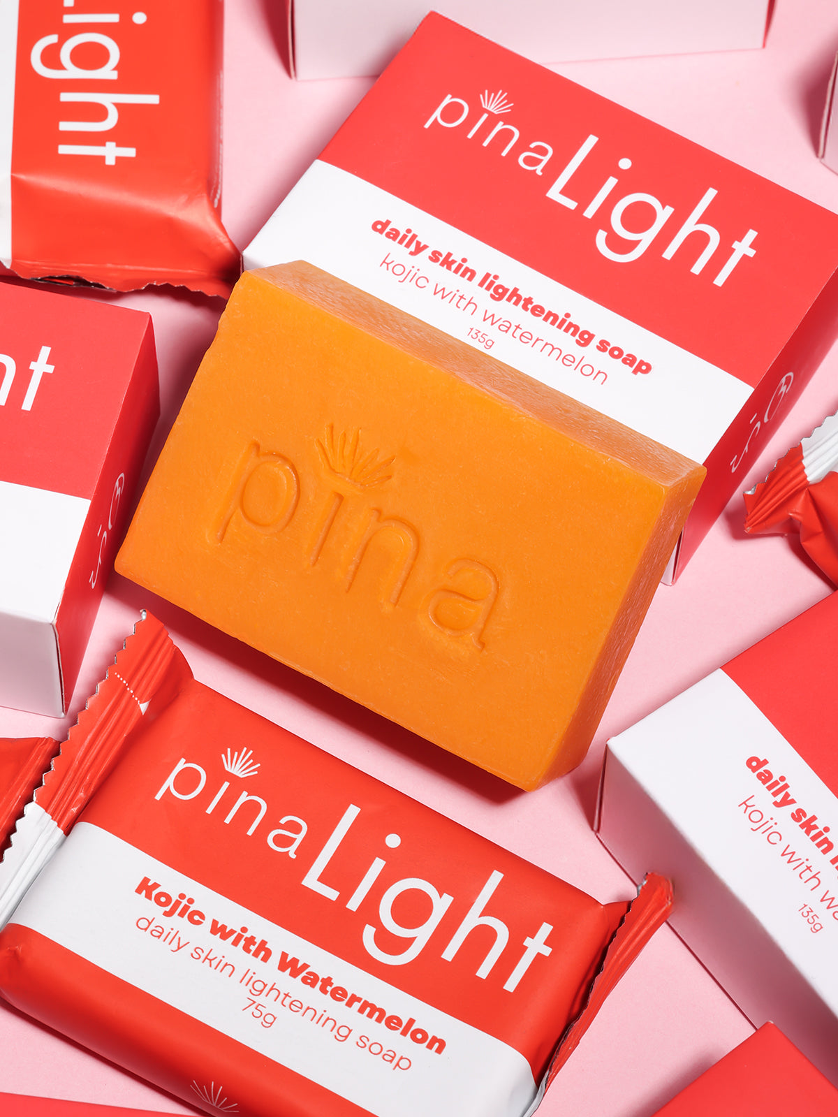 Brightening BFFs Trio: Pina Light Soap (135g), Light Soap Bundle of 3 (75g), and Glow Lotion