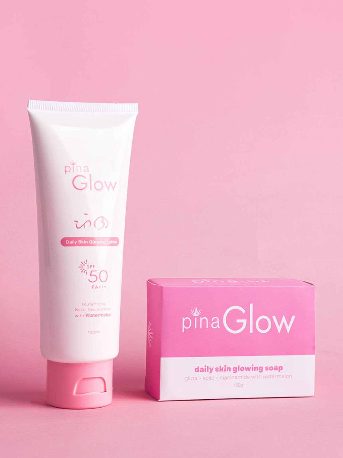 Glow Goals Trio: Pina Glow Soap (135g), Glow Soap Bundle of 3 (75g), and Glow Lotion