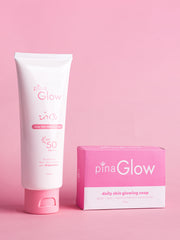 Glow Goals Trio: Pina Glow Soap (135g), Glow Soap Bundle of 3 (75g), and Glow Lotion